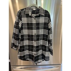 LuLaRoe Plaid Abigail Button Up Shirt Women's Medium Black White Long Sleeve